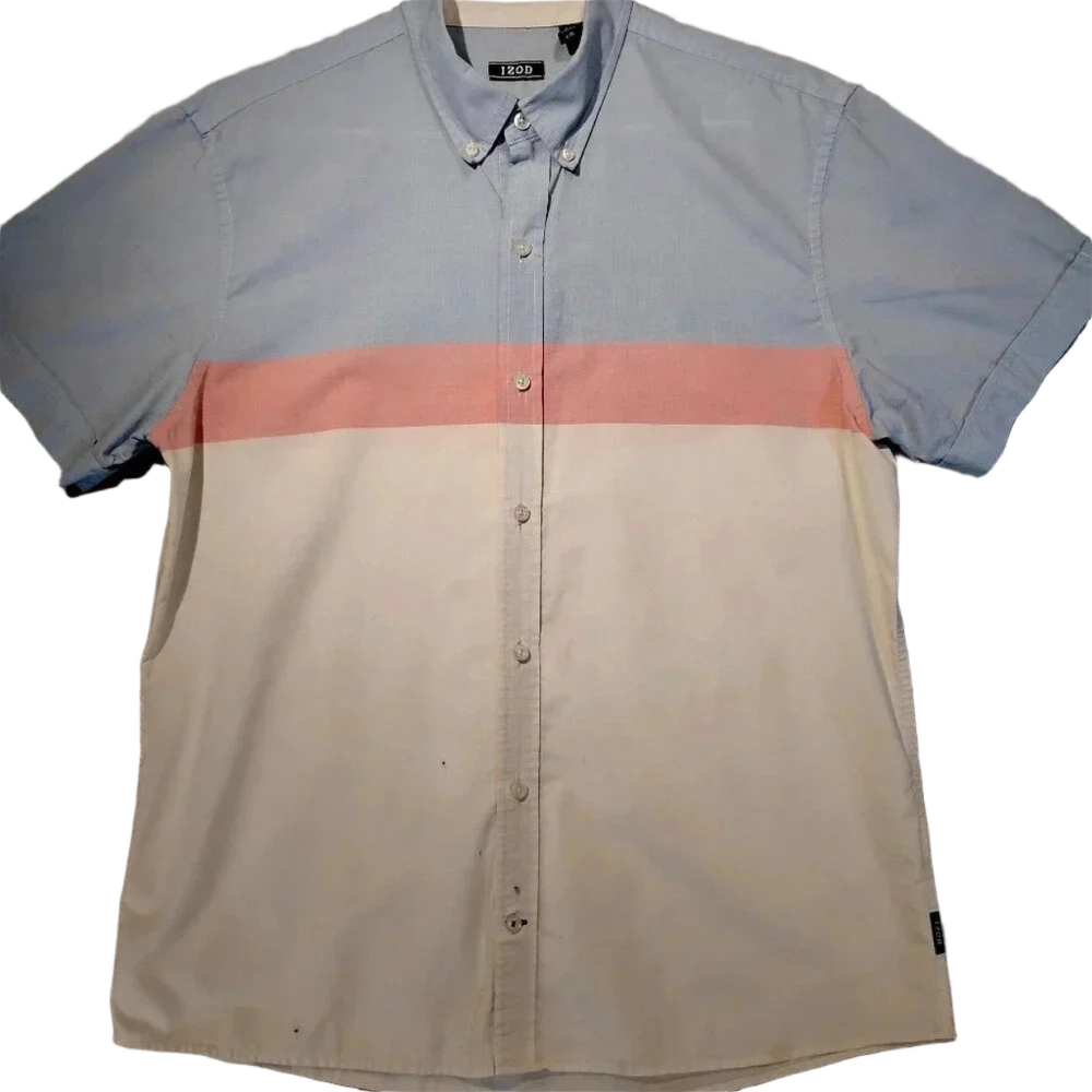 Izod  Men's Blue/Pink/White Button Down Short Sleeve Dress Shirt in Size Large